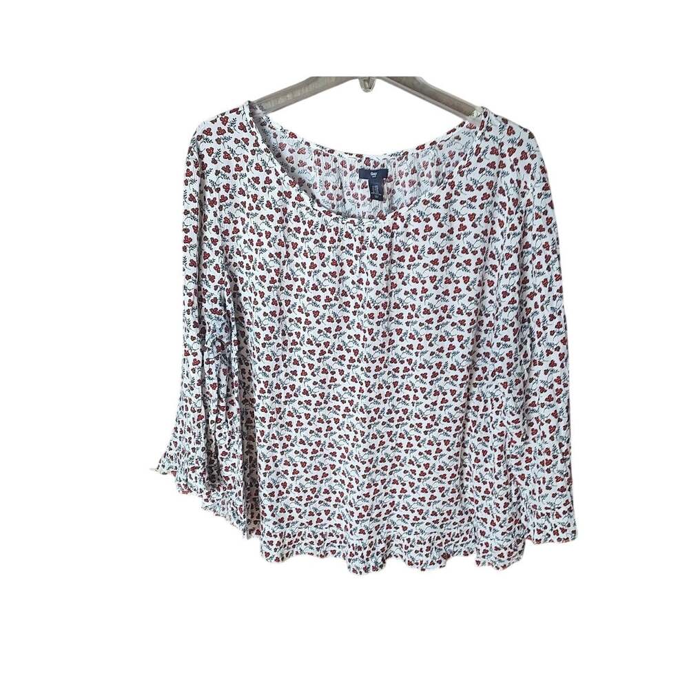 Gap White Floral Print Gauze Shirred Flowy Ruffle Detail Blouse Women XXL